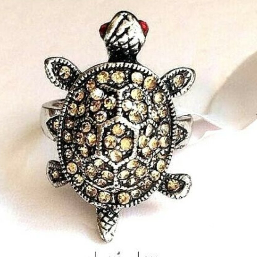 Silver Sea Life Turtle Cocktail Ring Size 6 Champagne Peach Crystals Plated Cute